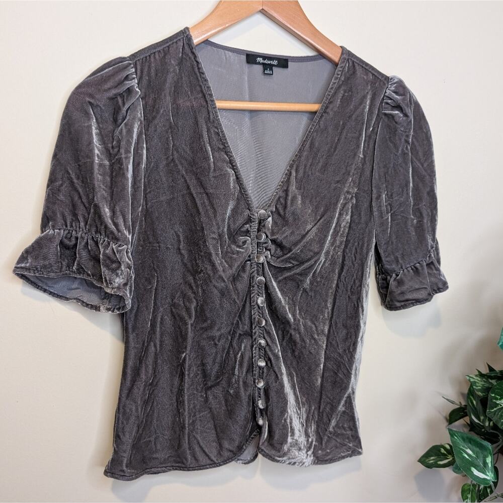 Madewell Gray Velvet Puff Sleeve Button Front Blouse Top Size 2
